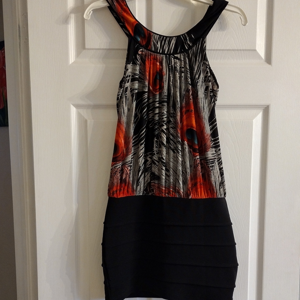 3/$30 Sleeveless Black Mini Dress with Red Grey Feather Print Top